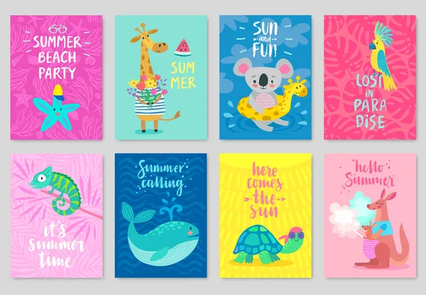 Animals card set, hand drawn style, summer theme. — Stock Vector