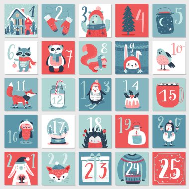 Christmas advent calendar, hand drawn style. \