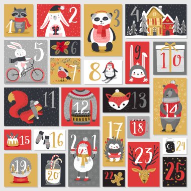 Noel varış takvimi, elle çizilmiş stili.