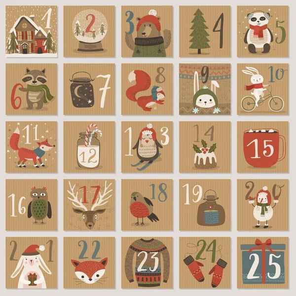 Boże Narodzenie Kalendarz adwentowy, ręcznie rysowane stylu. — Wektor stockowy