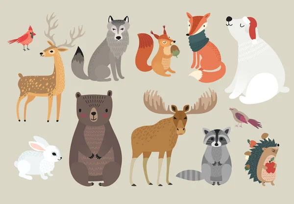 Christmas set, hand drawn style - forest animals. \ — Vettoriale Stock