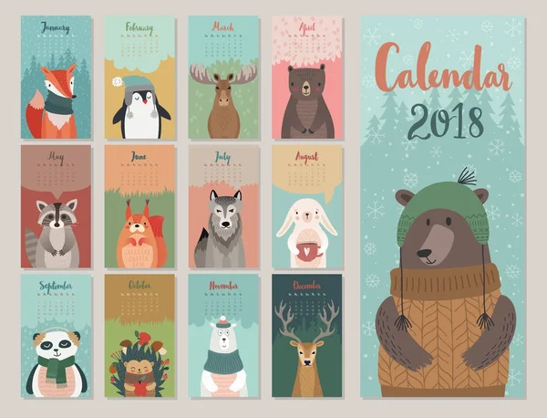 Cute monthly calendar with forest animals. — Stock Vector