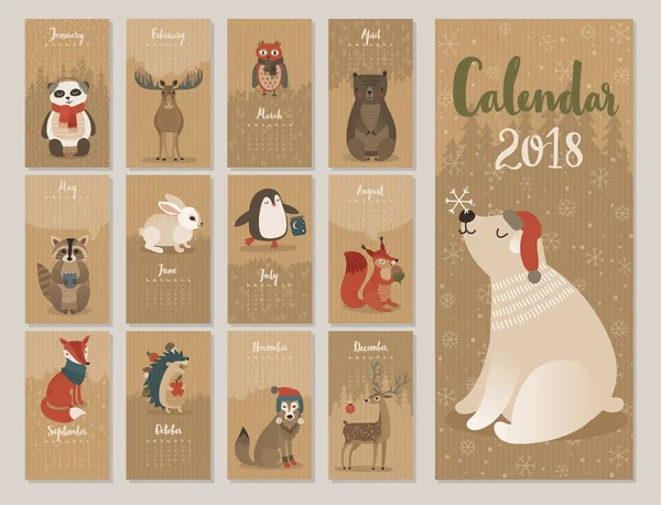 Calendar 2018. Cute monthly calendar with forest animals. — Stock Vector