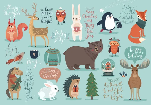 圣诞套，手绘风格-书法、 动物和其他元素. — 图库矢量图片