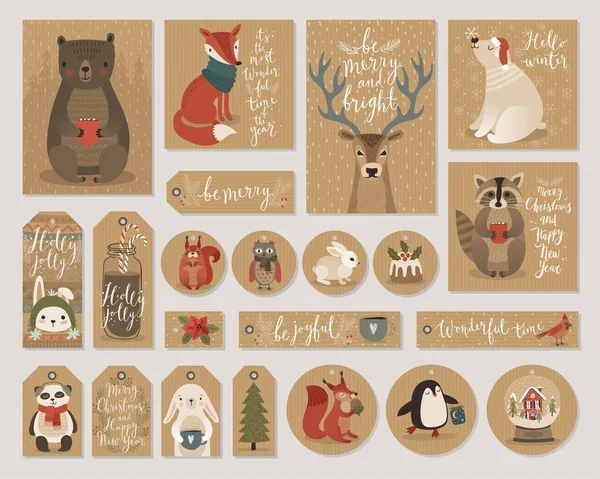Carte di carta kraft di Natale e set di etichette regalo, stile disegnato a mano . — Vettoriale Stock