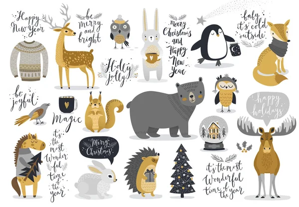 Christmas set, hand drawn style - calligraphy, animals and other elements. — Stock Vector