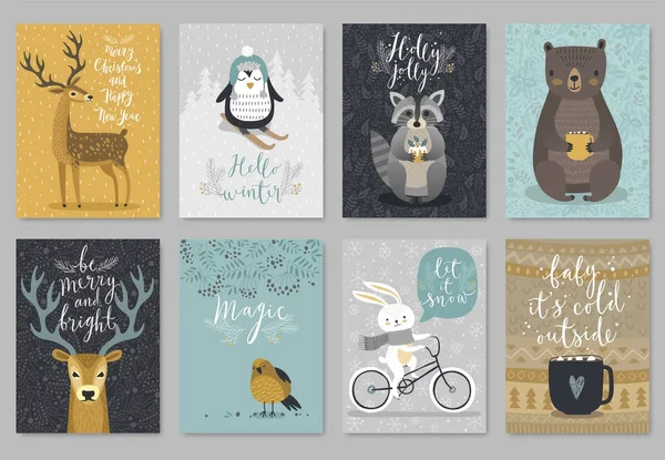 Conjunto de tarjetas de animales de Navidad, estilo dibujado a mano .. — Vector de stock