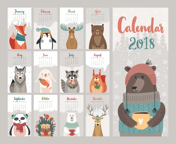 Calendario 2018. Lindo calendario mensual con animales del bosque . — Vector de stock
