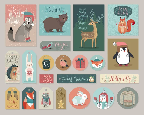 Cartões de Natal e etiquetas de presente conjunto, estilo desenhado à mão . —  Vetores de Stock