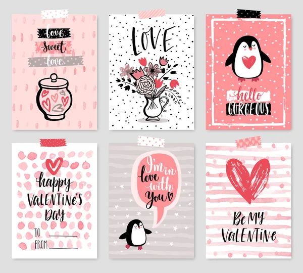 Valentinstag-Kartenset - handgezeichneter Stil mit Kalligrafie. — Stockvektor