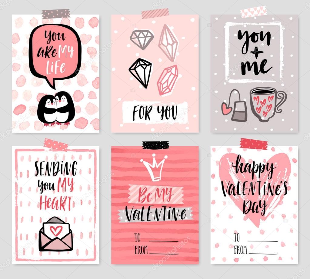 Valentine`s Day card set - hand drawn style with calligraphy.