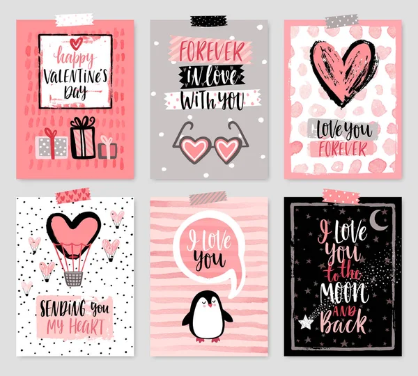 Set di carte di San Valentino - stile disegnato a mano con calligrafia . — Vettoriale Stock
