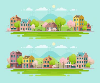 Küçük bir kasaba olan bahar. Kentsel peyzaj.