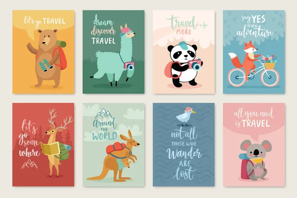 Travel Animals card set, hand drawn style, — Stock Vector