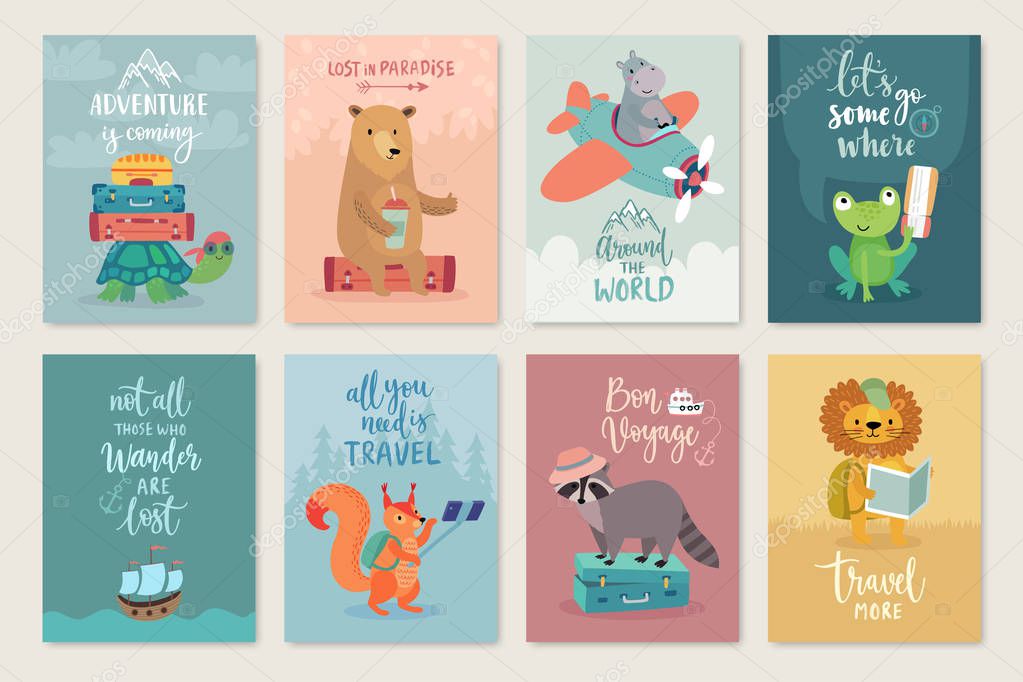 Travel Animals card set, hand drawn style,.