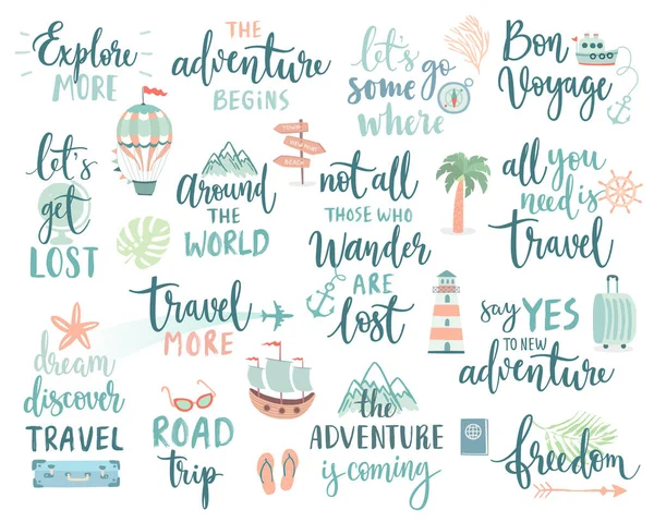 Travel Lettering Design Set - collection of handwritings, trip, journey and adventure themes — Stock Vector