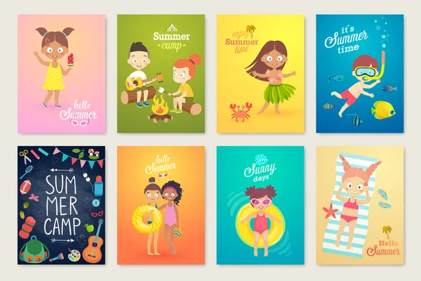 Summer Kids card set, swimming, playing on the beach, camping and fun . — стоковый вектор