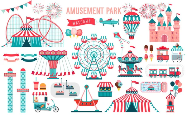 Parc d'attractions, cirque et amusant ensemble de thème de foire, avec montagnes russes, carrousels, château, ballon à air . — Image vectorielle