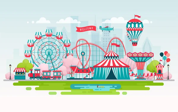 Parc d'attractions, paysage urbain avec des carrousels, montagnes russes et ballon à air. Thème cirque et carnaval — Image vectorielle