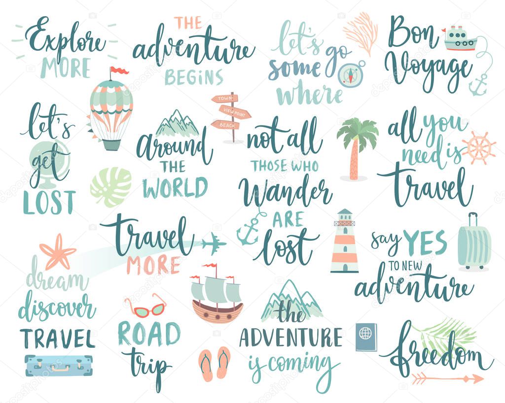Travel Lettering Design Set - collection of handwritings, trip, journey and adventure themes