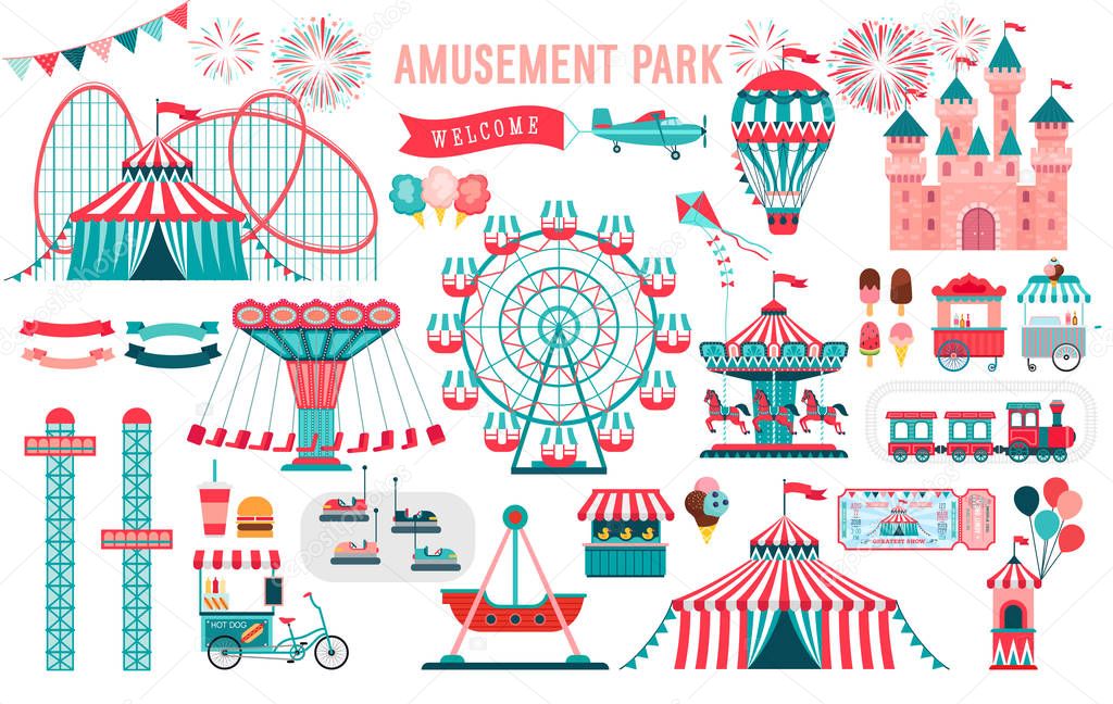 Amusement park, circus and fun fair theme set, with roller coasters, carousels, castle, air balloon.