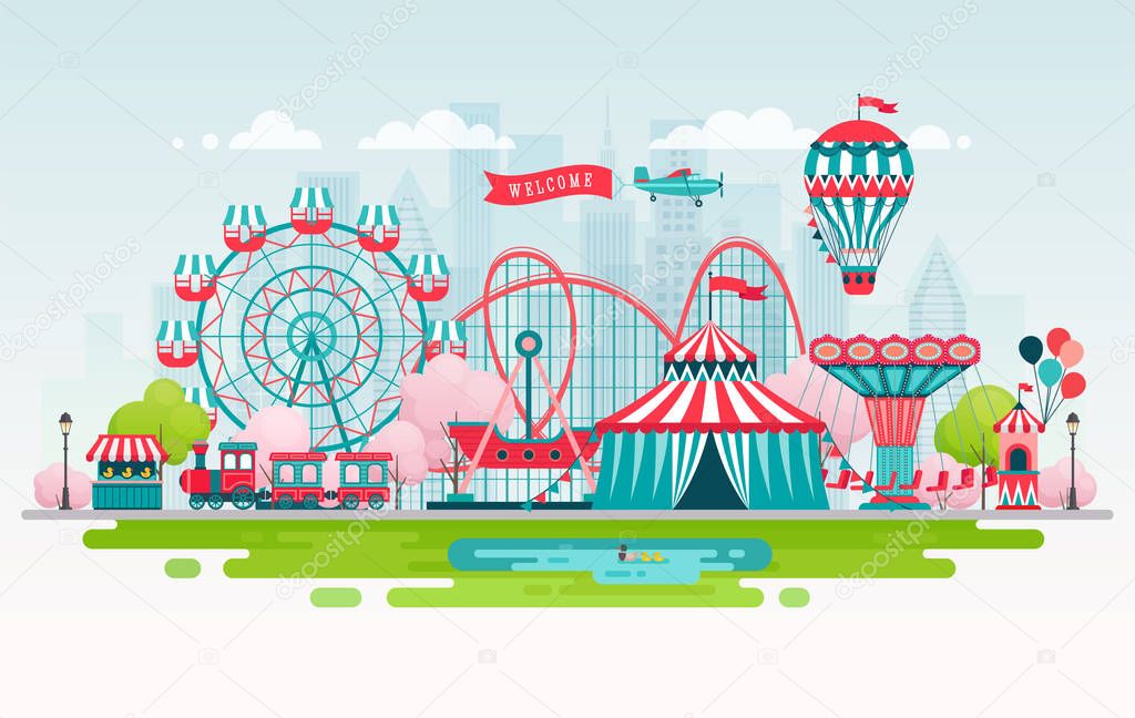 Amusement park, urban landscape with carousels, roller coaster and air balloon. Circus and Carnival theme