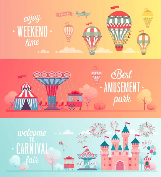 Set of Amusement park landscape banners. — Stock Vector