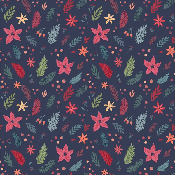 Christmas Seamless floral pattern, hand drawn decorative elements. — 스톡 벡터