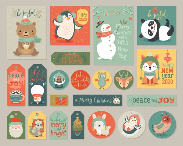 Christmas cards and gift tags set with animals. — Stock Vector