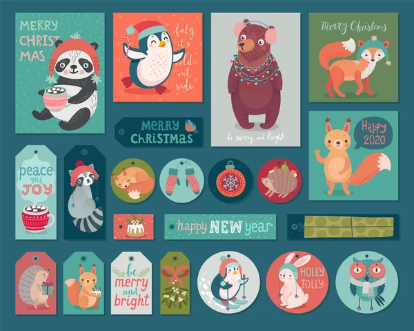 Biglietti di Natale e cartellini regalo con animali. Personaggi boschivi stile disegnato a mano . — Vettoriale Stock