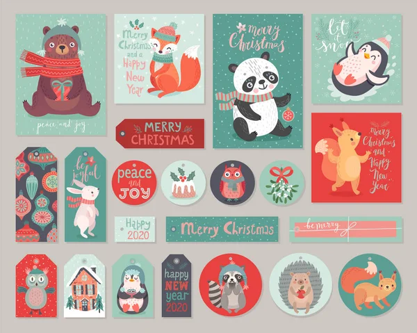 Cartes de Noël et étiquettes cadeaux avec des animaux mignons. Caractères forestiers style dessiné à la main . — Image vectorielle