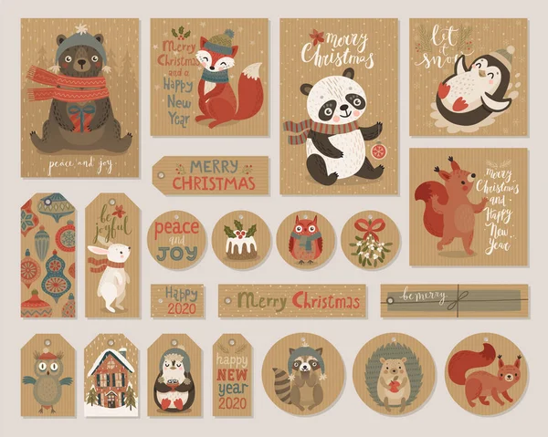Noel kraft kağıt kartları ve hediye Etiketler seti, elle çizilmiş stili. — Stok Vektör