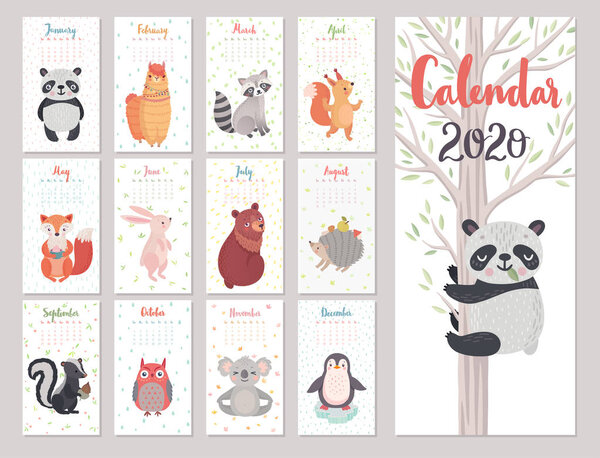 Calendar 2020 with Animals . Cute forest characters. Vector illustration.