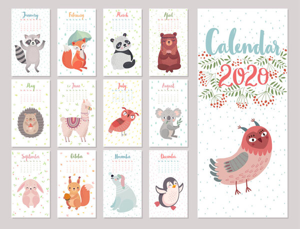 Calendar 2020 with Woodland characters. Cute forest animals. Vector illustration.