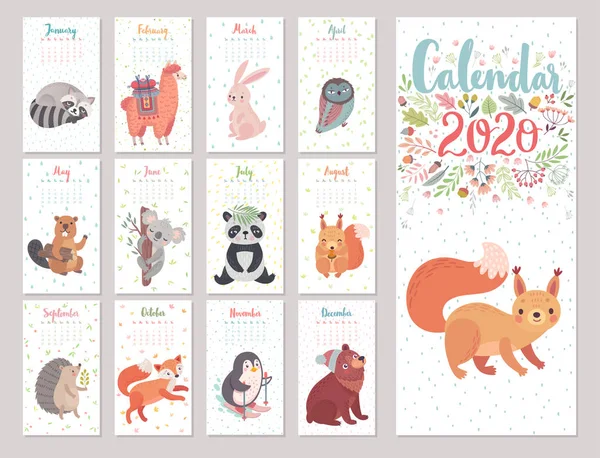 Calendário 2020 com caracteres Woodland. Animais silvestres bonitos . —  Vetores de Stock