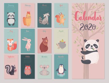 Calendar 2020 with Animals . Cute forest characters. clipart