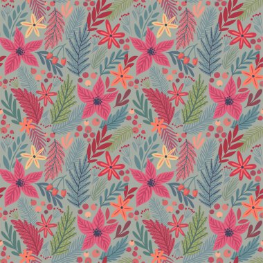 Christmas Seamless floral pattern, hand drawn decorative elements.