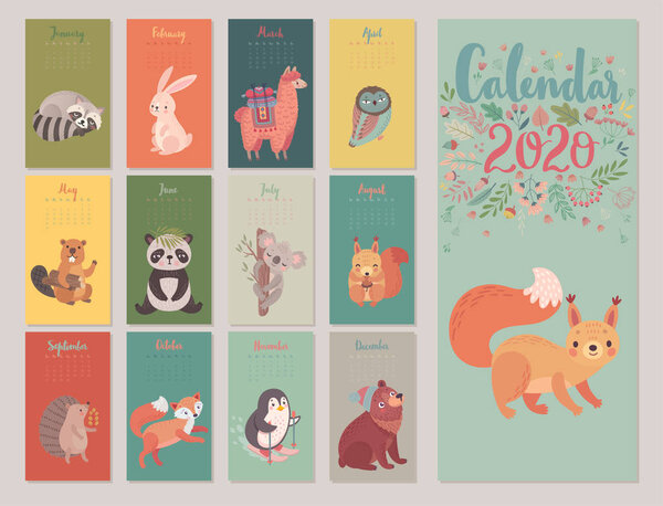 Calendar 2020 with Animals . Cute forest characters.