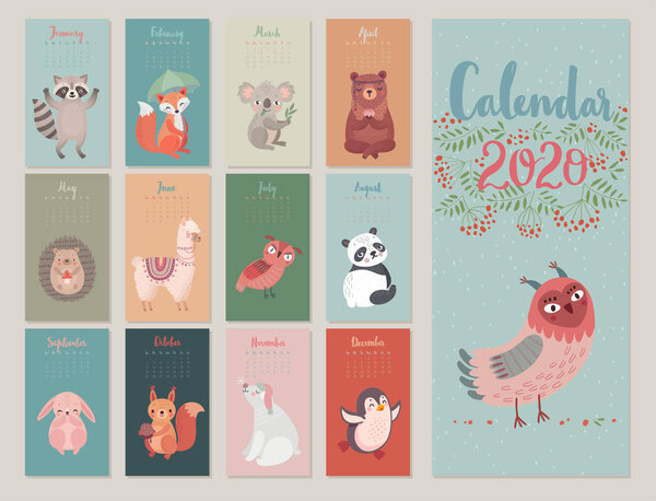Calendar 2020 with Woodland characters. Cute forest animals.