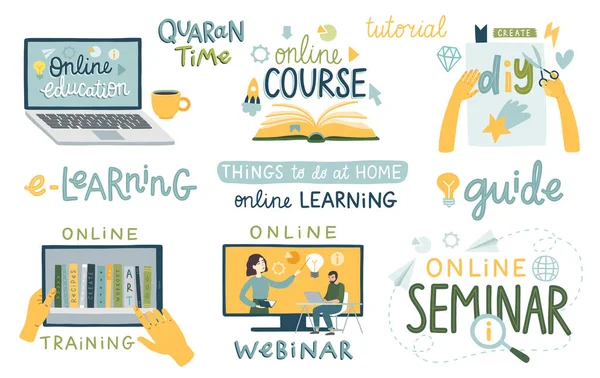 Online Onderwijs Set Tutorial Seminarie Webinar Training Diy Lettertekens Andere — Stockvector