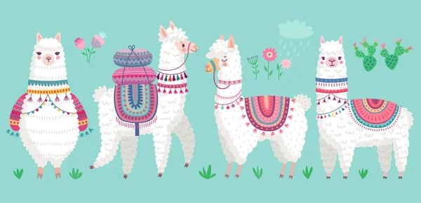 Carini Lama Personaggi Alpaca Disegnati Mano Divertenti Illustrazione Vettoriale — Vettoriale Stock