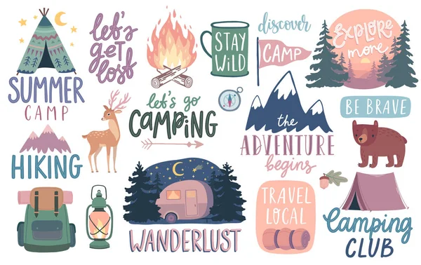 Camping Hiking Adventure Letterings Wild Animals Fireplace Mountains Tents Other — Stock Vector