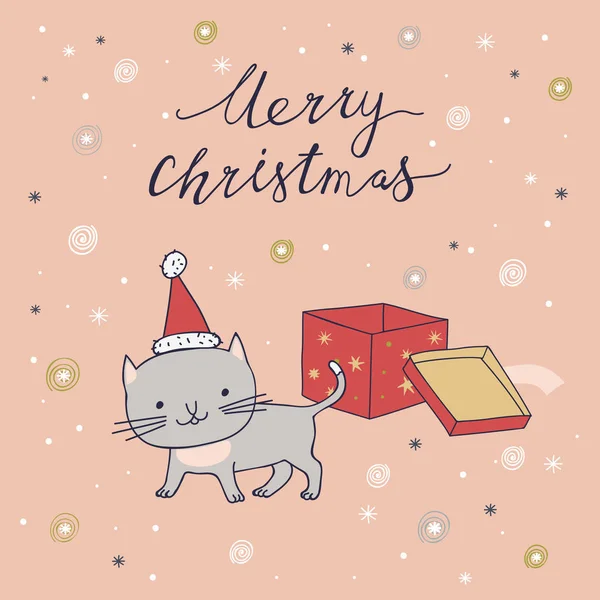 Feliz tarjeta de Navidad con gato — Vector de stock