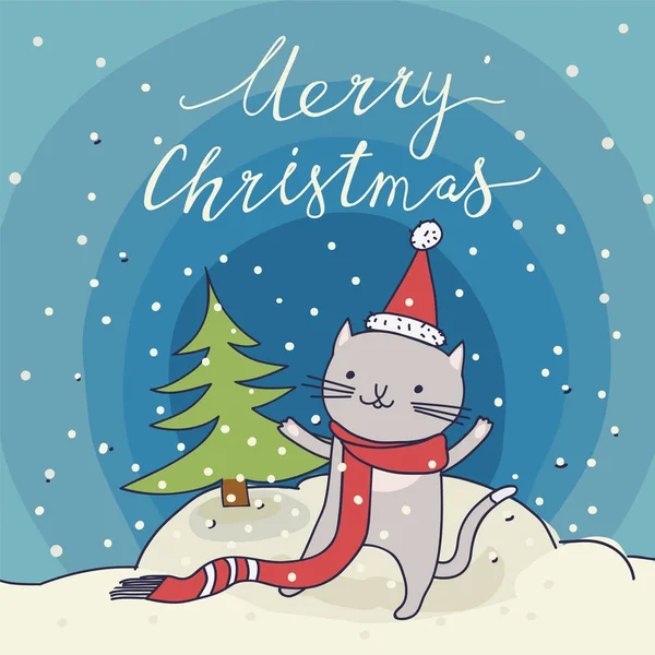 Merry Christmas card with cat — Stock Vector