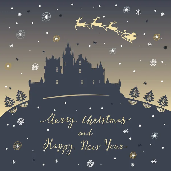 Feliz tarjeta de Navidad con castillo mágico y ciervos de Santa — Vector de stock