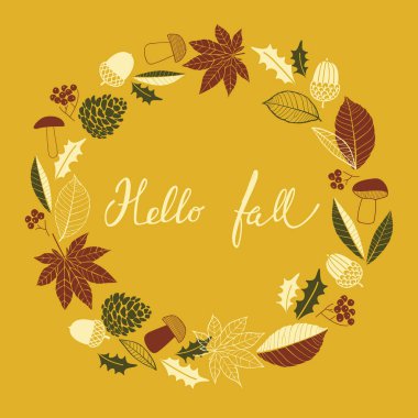 Sonbahar yaprakları, koniler, meşe palamutları çelenk kartıyla.