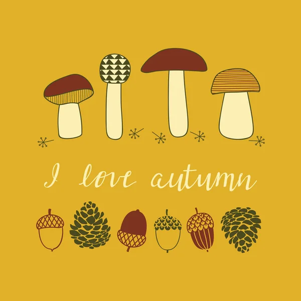 Carte d'automne avec feuilles, champignons, bosses, glands . — Image vectorielle