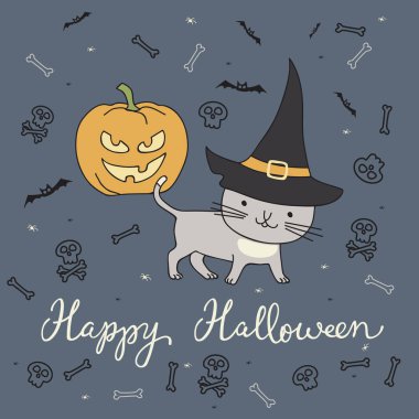 Cadılar Bayramı kartı ile kedi