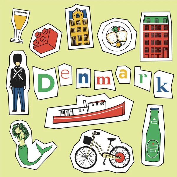 Set of Denmark landmark and icons — Stock Vector