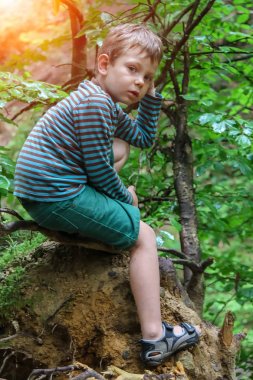 Çizgili süveter ve yaz forest park için yapılan filmleri küçük çocuk